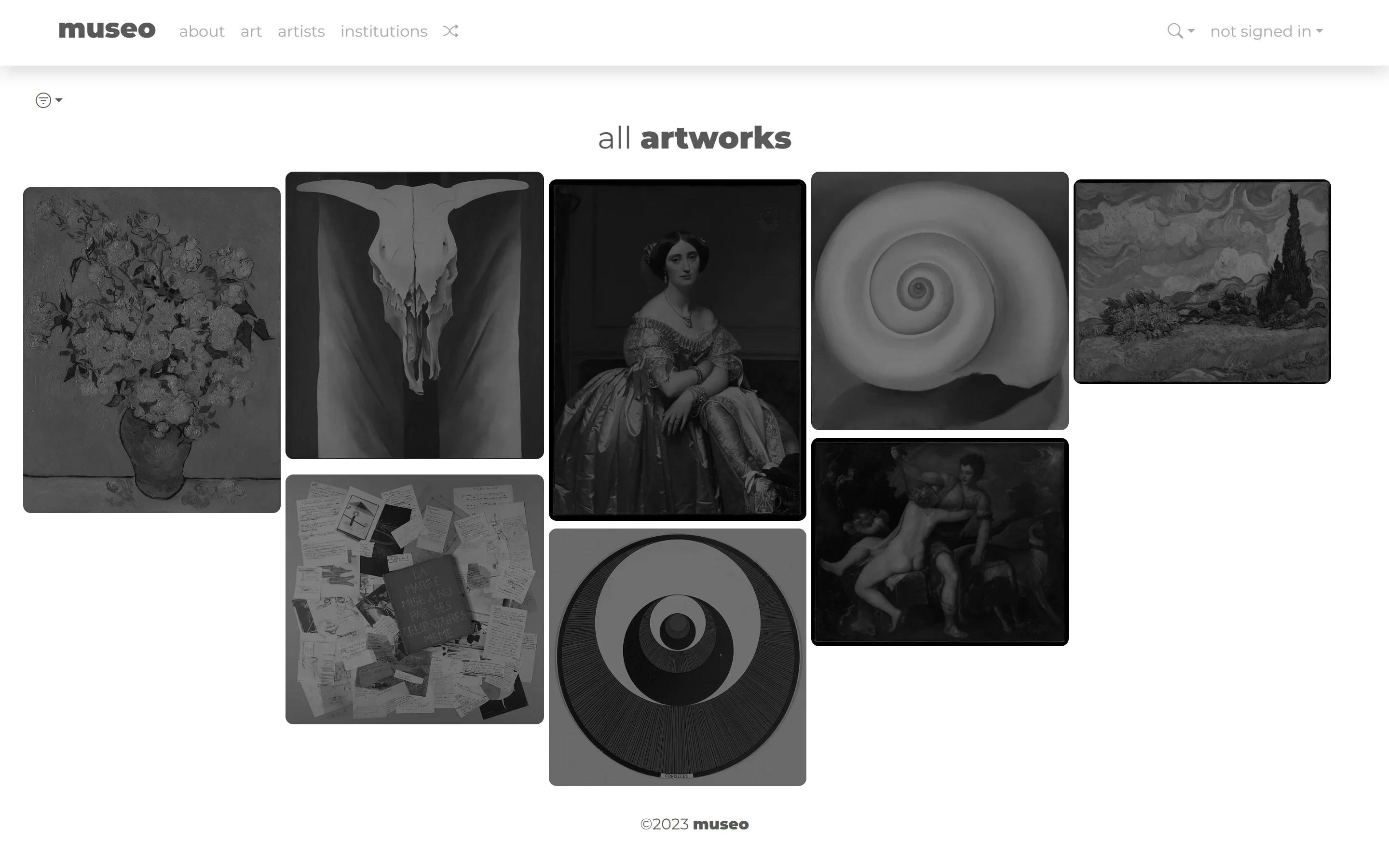 Artworks, in a masonry grid. museo artworks index, a masonry grid of art