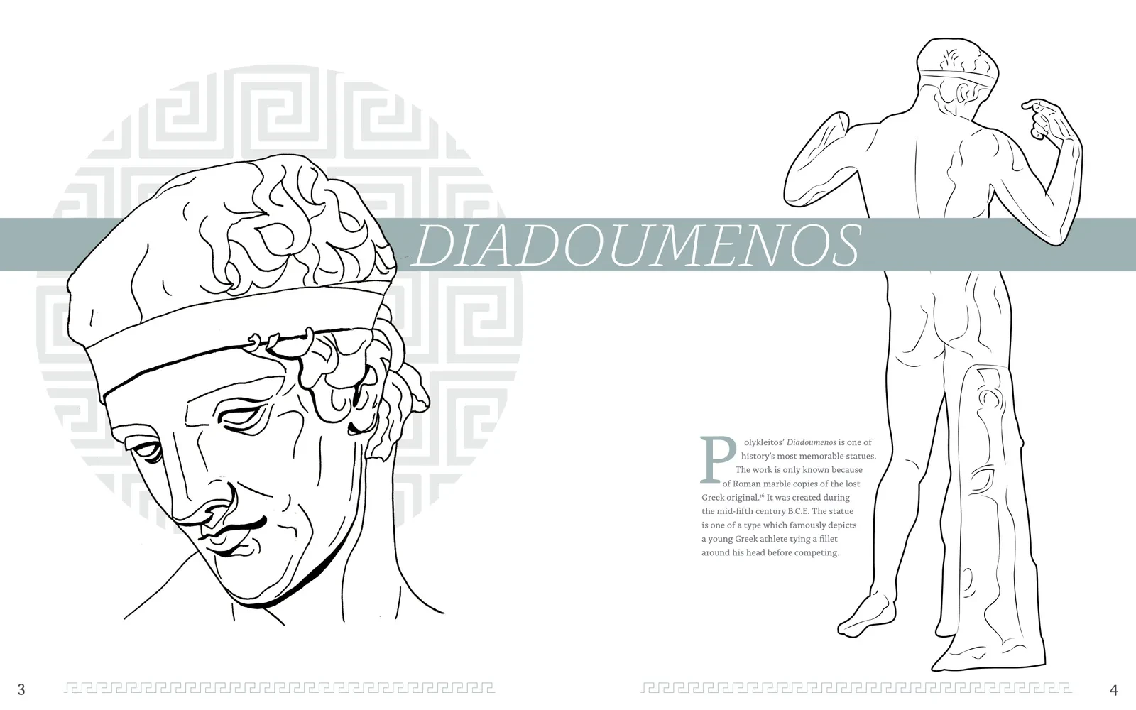 Hellas spread on the Diadoumenos, with detail and full-body illustrations