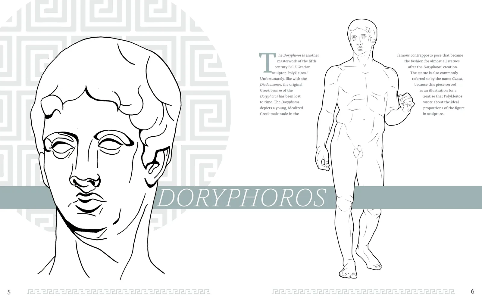 Hellas spread on the Doryphoros, with detail and full-body illustrations