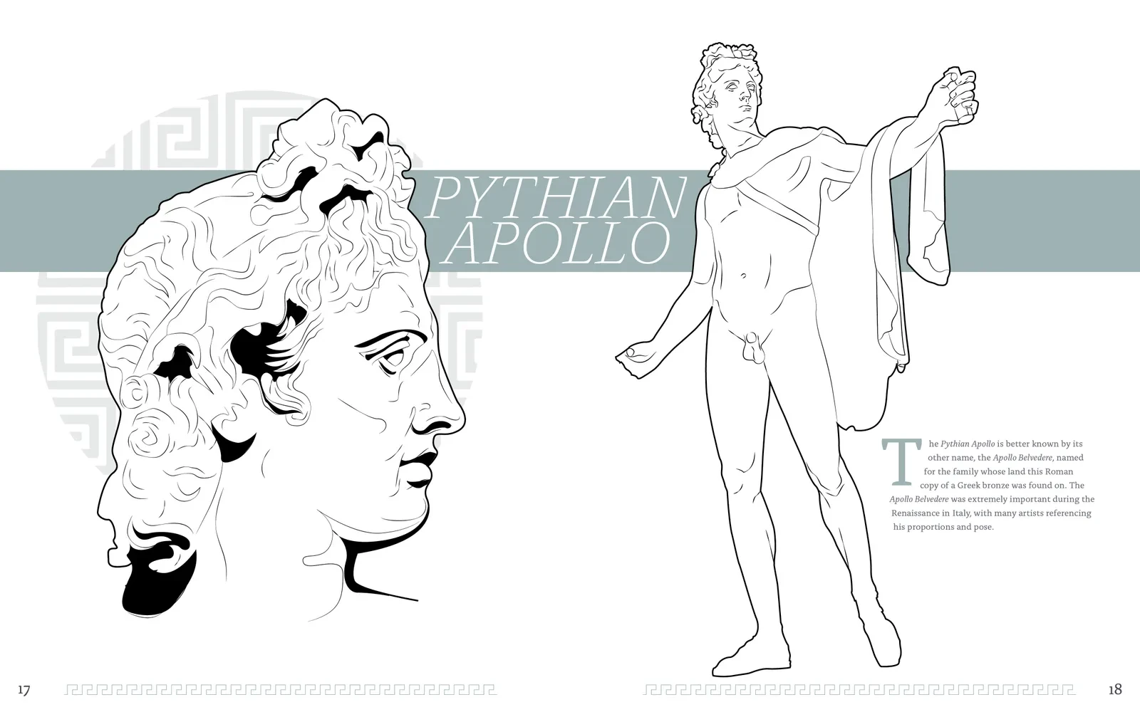Hellas spread on the Pythian Apollo, with detail and full-body illustrations